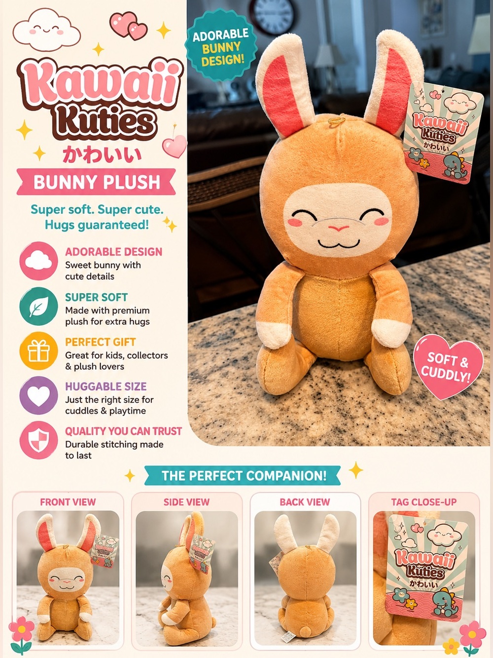 KAWAII KUTIES Peach Plush Bunny - Soft Peach Pink Stuffed Animal